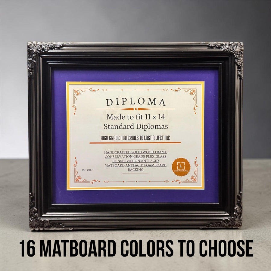 11 x 14 Premium Diploma Ornate Wood Frame, Glossy Black Finish, 16 Matboard colors available, Conservation Acrylic, anti Acid foam board