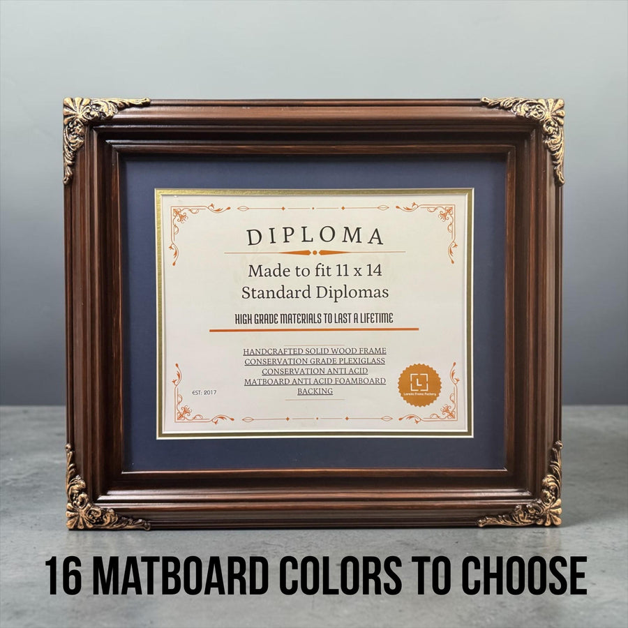 11 x 14 Premium Diploma Ornate Wood Frame, Dark Walnut With Gold, 16 Matboard colors available, Conservation Acrylic, anti Acid foam board
