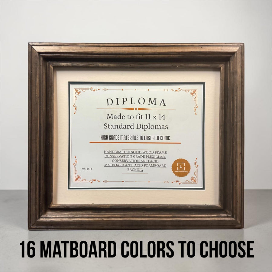 11 x 14 Premium Diploma Ornate Wood Frame, Rustic Dark Wood, 16 Matboard colors available, Conservation Acrylic, anti Acid foam board