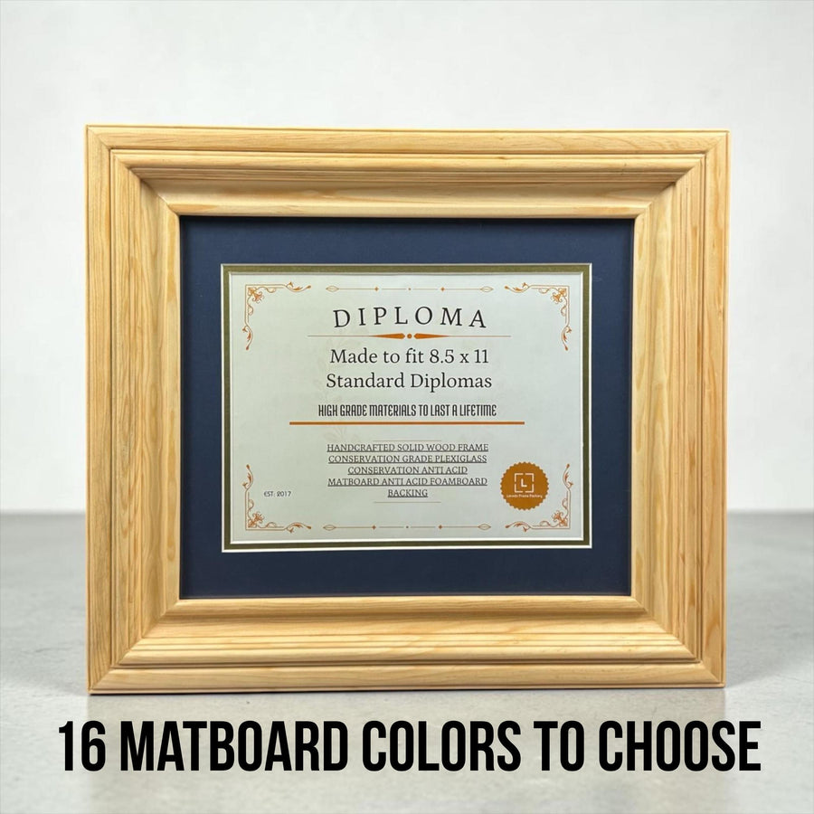 8.5 x 11 Premium Diploma Wood Frame, Natural Wood Tone, 16 Matboard colors available, Conservation Acrylic, anti Acid foam board