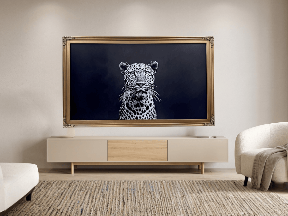 The same TV with a handcrafted gold frame