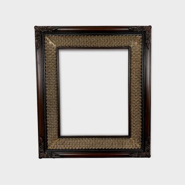 French style with ornate burlap style liner ,DARK WALNUT, hand crafted, hand made, custom made sizes, canvas frame, photo frame