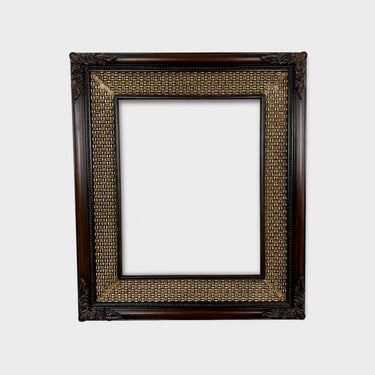 French style with ornate burlap style liner ,DARK WALNUT, hand crafted, hand made, custom made sizes, canvas frame, photo frame