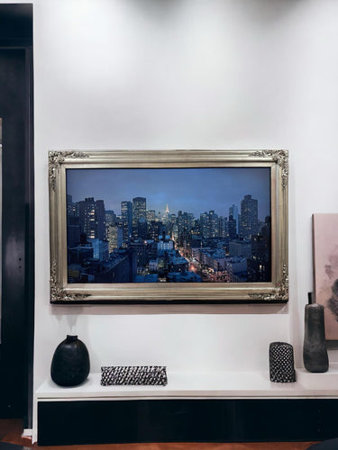 32" to 65" inch Ornate frame for Samsung The Frame TV and Frame Pro TV models, Antique Silver Leaf, not meant for use with other TVs.