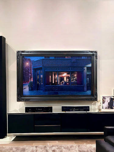 32" to 65" inch Ornate frame for Samsung The Frame TV and Frame Pro TV models, Distressed Black finish, not meant for use with other TVs.