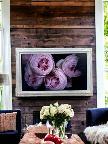 32" to 65" inch Ornate frame for Samsung The Frame TV and Frame Pro TV models, Distressed White Finish, not meant for use with other TVs.