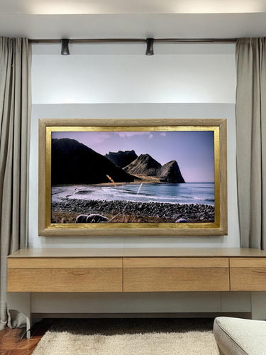 32" to 65" inches TV frame for Samsung The Frame TV and Frame Pro TV models, Rustic Cream with gold leaf, not meant for use with other TVs.