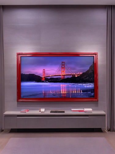 32" to 75" inch Ornate frame for Samsung The Frame TV and Frame Pro TV models, Glossy Red finish, not meant for use with other TVs.