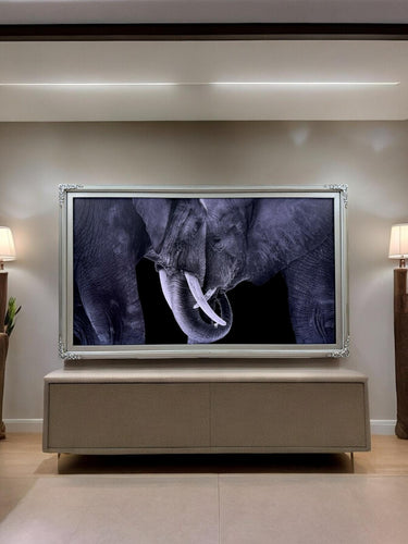 32" to 75" inch Ornate frame for Samsung The Frame TV and Frame Pro TV models, Antique Silver finish, not meant for use with other TVs.