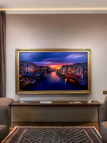 32" to 75" inch Ornate frame for Samsung The Frame TV & Frame Pro TV models, Antique Gold finish, not meant for use with other TVs.