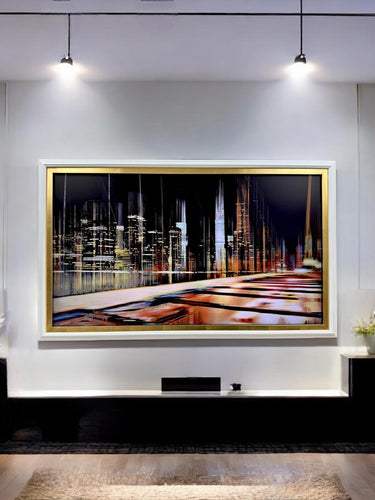 32" to 75" inch Contemporary frame for Samsung The Frame TV and Frame Pro TV models, White with Gold leaf, not meant for use with other TVs.