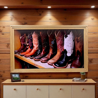 55, 65 & 75 Inch Hisense Canvas TV Ornate frame, Natural wood with sealer coat, Canvas TV by Hisense, not meant for use with other TVs.