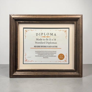 11 x 14 Premium Diploma Ornate Wood Frame, Rustic Dark Wood, 16 Matboard colors available, Conservation Acrylic, anti Acid foam board