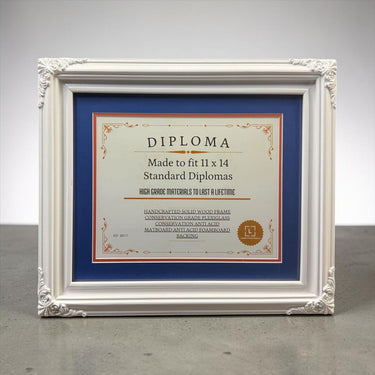 11 x 14 Premium Diploma Ornate Wood Frame, Satin White, 16 Matboard colors available, Conservation Acrylic, anti Acid foam board