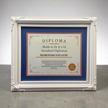 11 x 14 Premium Diploma Ornate Wood Frame, Satin White, 16 Matboard colors available, Conservation Acrylic, anti Acid foam board