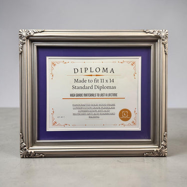 11 x 14 Premium Diploma Ornate Wood Frame, Antique Silver, 16 Matboard colors available, Conservation Acrylic, anti Acid foam board