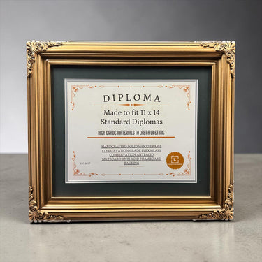 11 x 14 Premium Diploma Ornate Wood Frame, Antique Gold Finish, 16 Matboard colors available, Conservation Acrylic, anti Acid foam board
