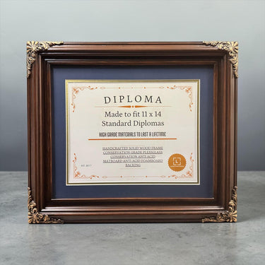 11 x 14 Premium Diploma Ornate Wood Frame, Dark Walnut With Gold, 16 Matboard colors available, Conservation Acrylic, anti Acid foam board