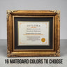 8.5 x 11 Premium Diploma Ornate Wood Frame, Marble Gold Finish, 16 Matboard colors available, Conservation Acrylic, anti Acid foam board