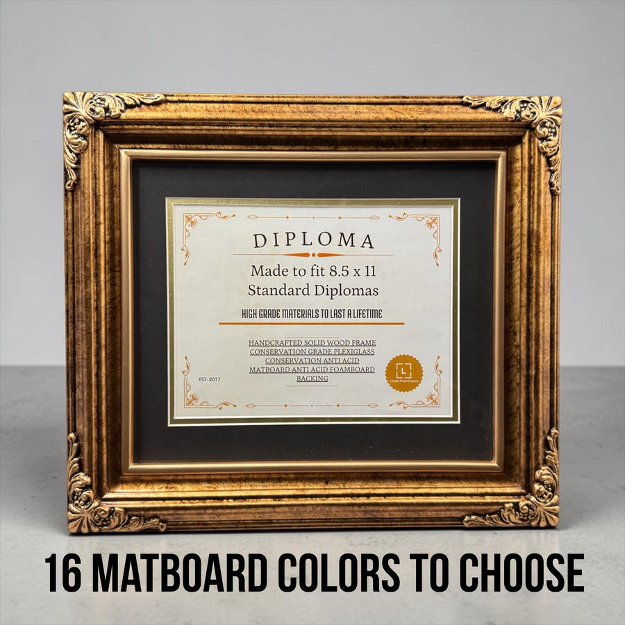 8.5 x 11 Premium Diploma Ornate Wood Frame, Marble Gold Finish, 16 Matboard colors available, Conservation Acrylic, anti Acid foam board