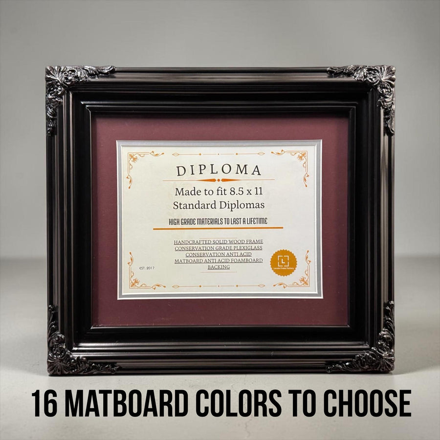8.5 x 11 Premium Diploma Ornate Wood Frame, Glossy Black Finish, 16 Matboard colors available, Conservation Acrylic, anti Acid foam board