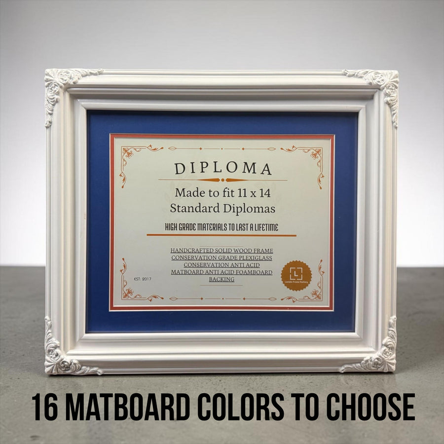 11 x 14 Premium Diploma Ornate Wood Frame, Satin White, 16 Matboard colors available, Conservation Acrylic, anti Acid foam board