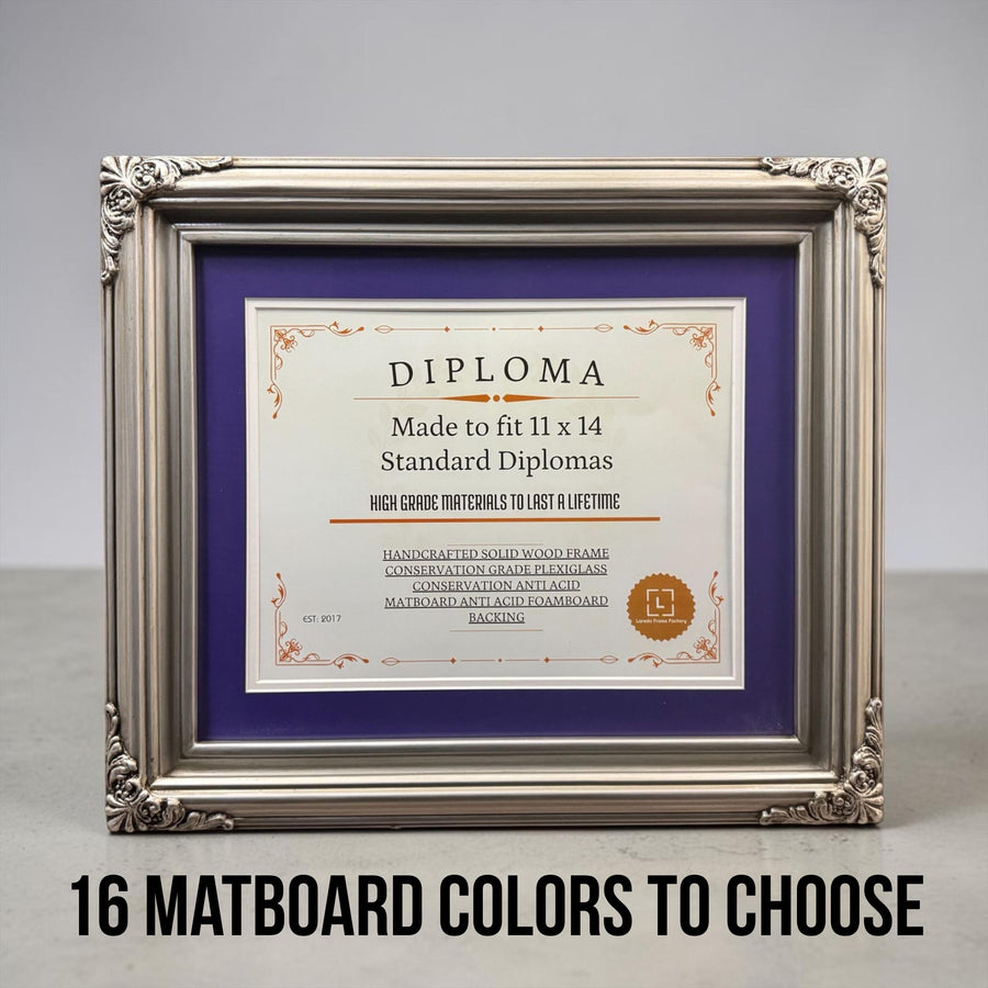 11 x 14 Premium Diploma Ornate Wood Frame, Antique Silver, 16 Matboard colors available, Conservation Acrylic, anti Acid foam board