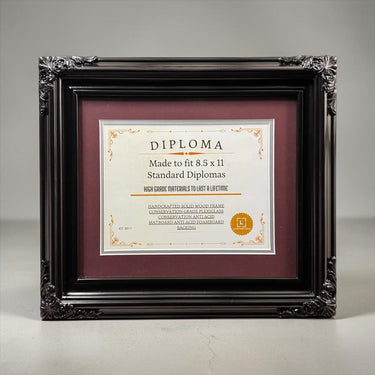 8.5 x 11 Premium Diploma Ornate Wood Frame, Glossy Black Finish, 16 Matboard colors available, Conservation Acrylic, anti Acid foam board