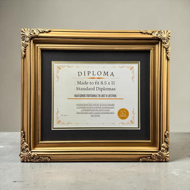 8.5 x 11 Premium Diploma Ornate Wood Frame, Antique Gold Finish, 16 Matboard colors available, Conservation Acrylic, anti Acid foam board