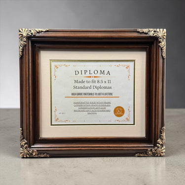 8.5 x 11 Premium Diploma Ornate Wood Frame, Dark Walnut With Gold, 16 Matboard colors available, Conservation Acrylic, anti Acid foam board