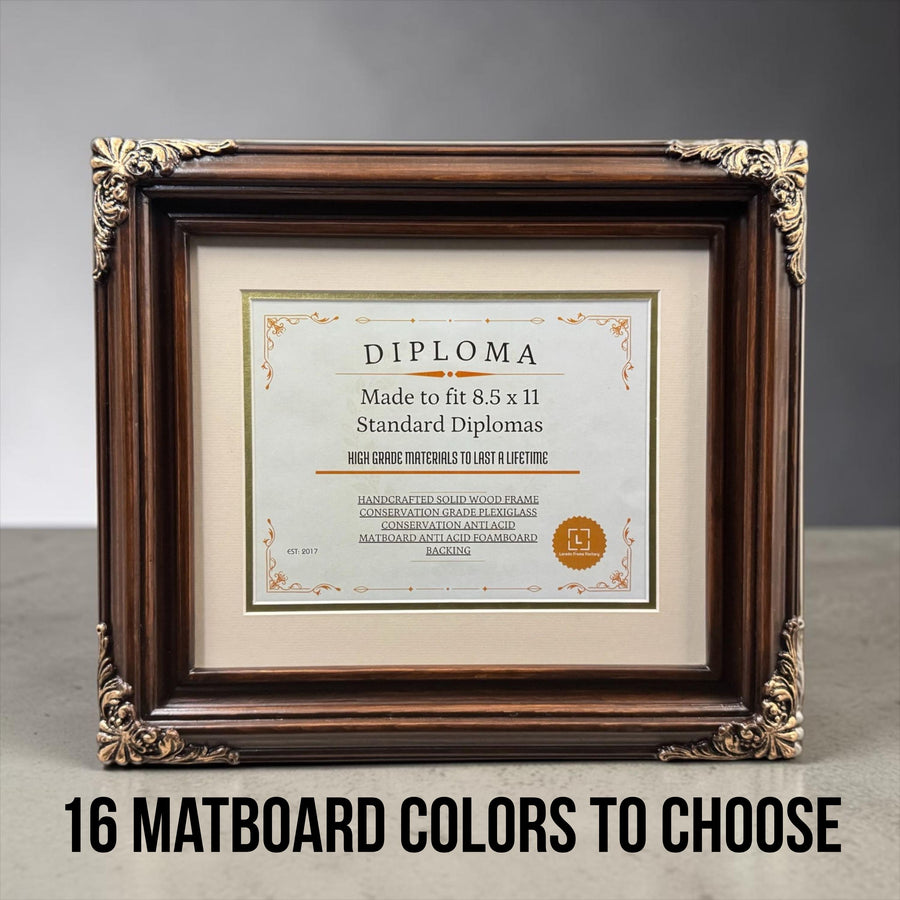 8.5 x 11 Premium Diploma Ornate Wood Frame, Dark Walnut With Gold, 16 Matboard colors available, Conservation Acrylic, anti Acid foam board