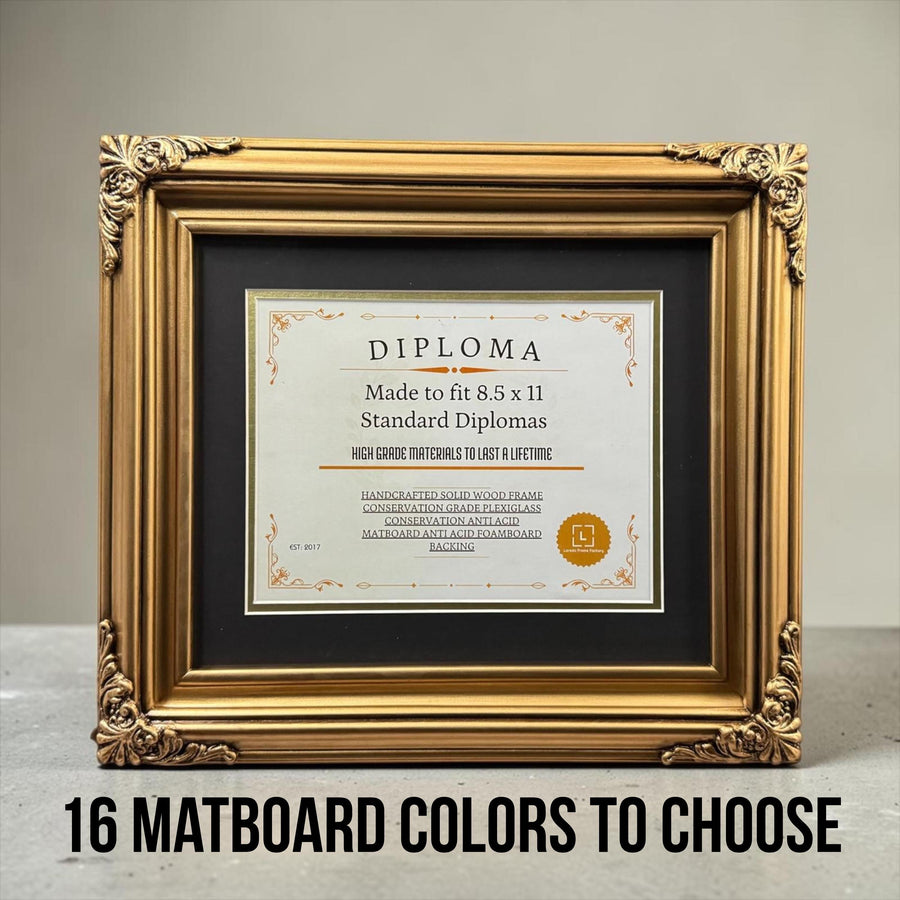 8.5 x 11 Premium Diploma Ornate Wood Frame, Antique Gold Finish, 16 Matboard colors available, Conservation Acrylic, anti Acid foam board