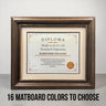 11 x 14 Premium Diploma Ornate Wood Frame, Rustic Dark Wood, 16 Matboard colors available, Conservation Acrylic, anti Acid foam board