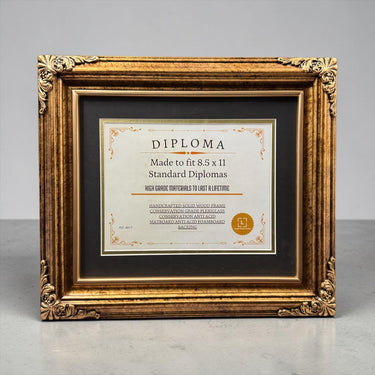 8.5 x 11 Premium Diploma Ornate Wood Frame, Marble Gold Finish, 16 Matboard colors available, Conservation Acrylic, anti Acid foam board