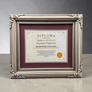 8.5 x 11 Premium Diploma Ornate Wood Frame, Antique Silver Finish, 16 Matboard colors available, Conservation Acrylic, anti Acid foam board