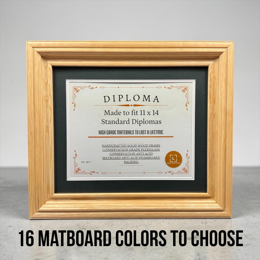 11 x 14 Premium Diploma Wood Frame, Natural Wood Tone, 16 Matboard colors available, Conservation Acrylic, anti Acid foam board