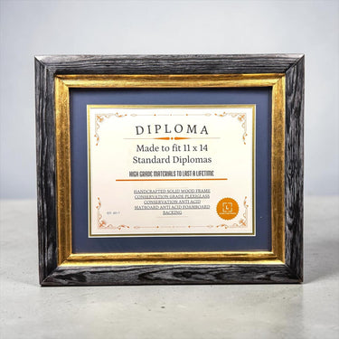 11 x 14 Premium Diploma Wood Frame, Distressed Black With Gold, 16 Matboard colors available, Conservation Acrylic, anti Acid foam board