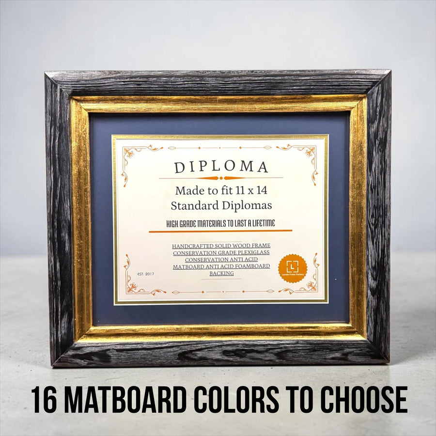11 x 14 Premium Diploma Wood Frame, Distressed Black With Gold, 16 Matboard colors available, Conservation Acrylic, anti Acid foam board