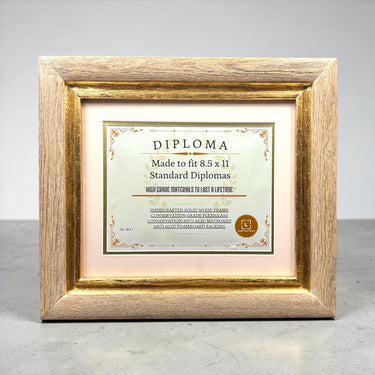 8.5 x 11 Premium Diploma Wood Frame, Distressed Cream w/Gold Leaf, 16 Matboard colors available, Conservation Acrylic, anti Acid foam board