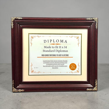11 x 14 Premium Diploma Wood Frame, Cherry Wood With Gold Accents, 16 Matboard colors available, Conservation Acrylic, anti Acid foam board