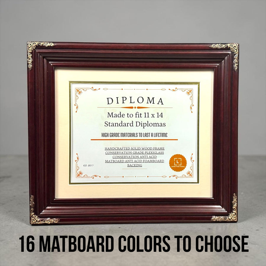 11 x 14 Premium Diploma Wood Frame, Cherry Wood With Gold Accents, 16 Matboard colors available, Conservation Acrylic, anti Acid foam board