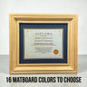8.5 x 11 Premium Diploma Wood Frame, Natural Wood Tone, 16 Matboard colors available, Conservation Acrylic, anti Acid foam board