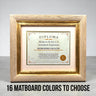 8.5 x 11 Premium Diploma Wood Frame, Distressed Cream w/Gold Leaf, 16 Matboard colors available, Conservation Acrylic, anti Acid foam board
