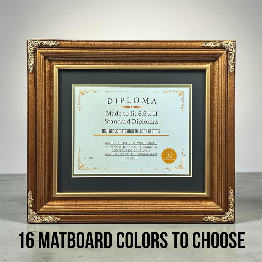 8.5 x 11 Premium Diploma Ornate Wood Frame, Antique Bronze W/Gold, 16 Matboard colors available, Conservation Acrylic, anti Acid foam board