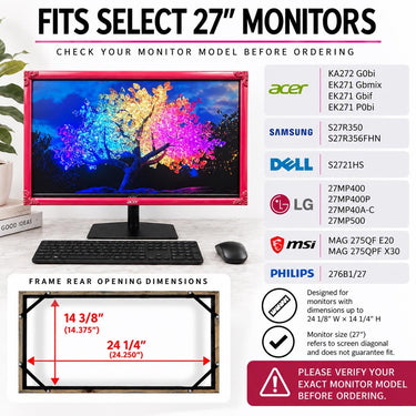 Ornate Wood Monitor Frame for Select 27 Inch Acer & Compatible Monitors, Handcrafted Decorative Computer Monitor Bezel, Hot Pink Semi-Gloss