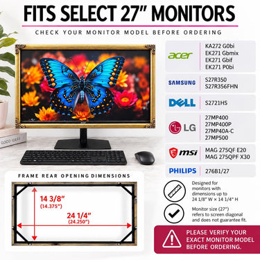 Ornate Wood Monitor Frame for Select 27 Inch Acer & Compatible Monitors, Handcrafted Decorative Computer Monitor Bezel, Antique Gold