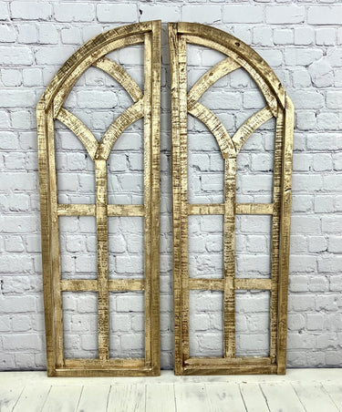 Set of 2 Rustic curch style wood windows, READY TO SHIP, Distressed Gold finish reclaimed wood decor,church window