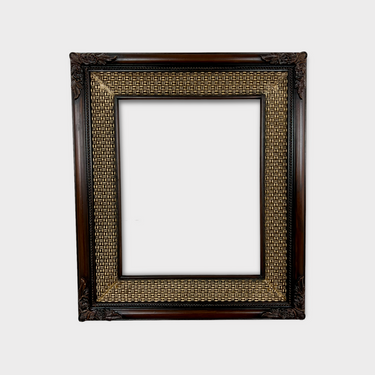 French style with ornate burlap style liner ,DARK WALNUT, hand crafted, hand made, custom made sizes, canvas frame, photo frame